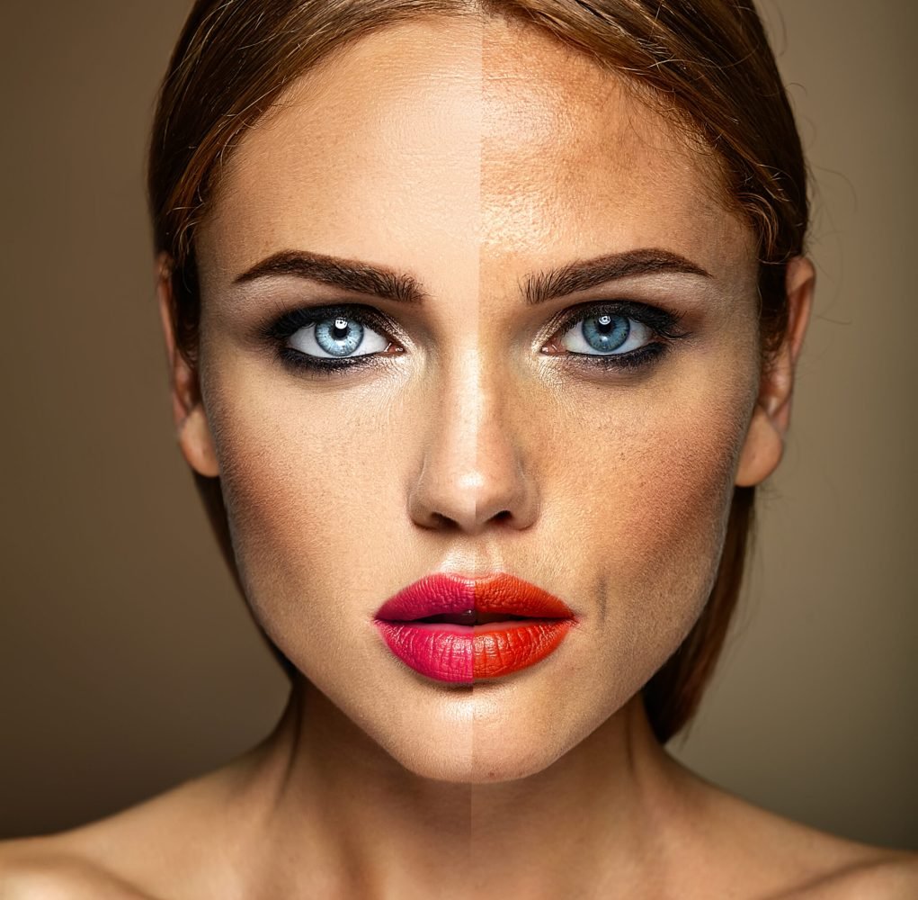 portrait of beautiful woman model, before and after retouch